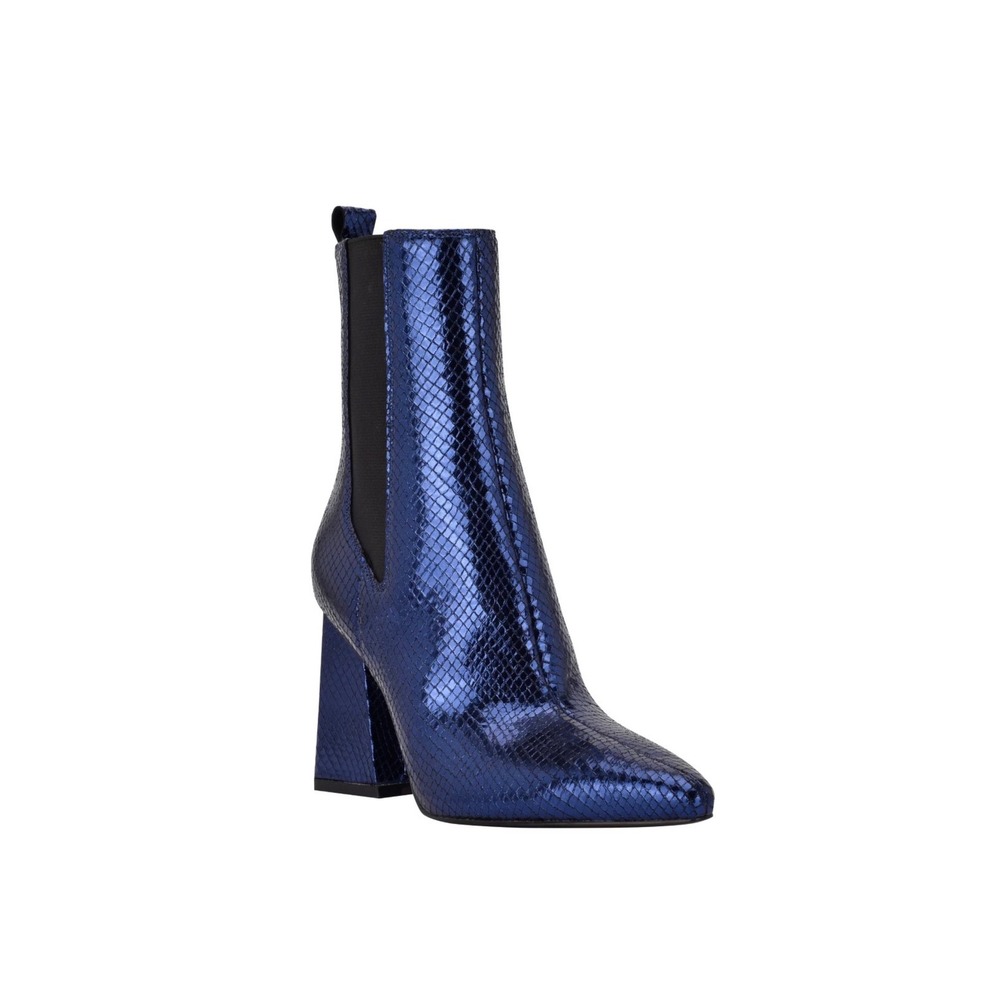 Marc Fisher Kylynn Chelsea Boot Womens 5.5 Blue Metallic Snakeskin Block Heel